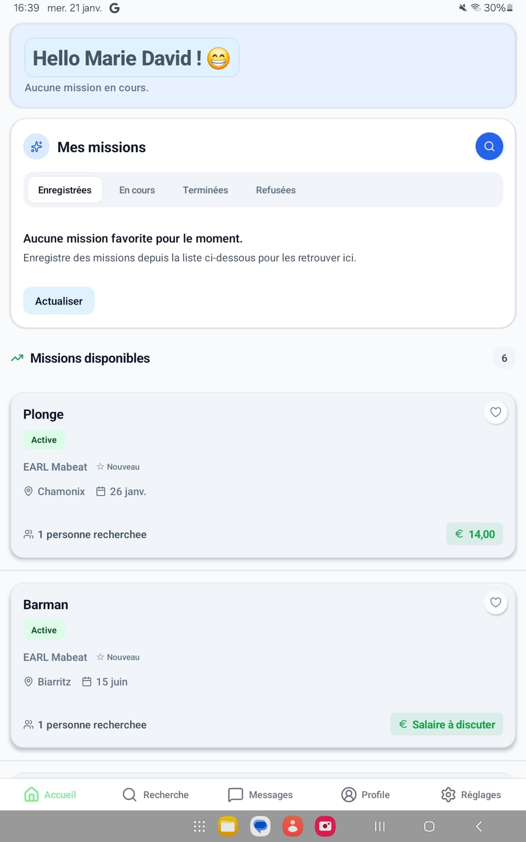 Écran missions disponibles sur Seasona