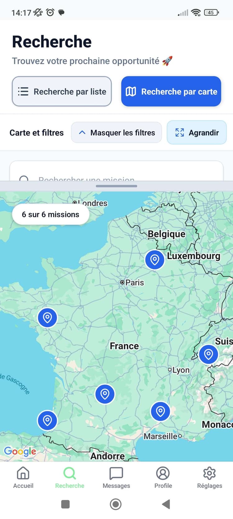 Carte des missions saisonnières dans Seasona